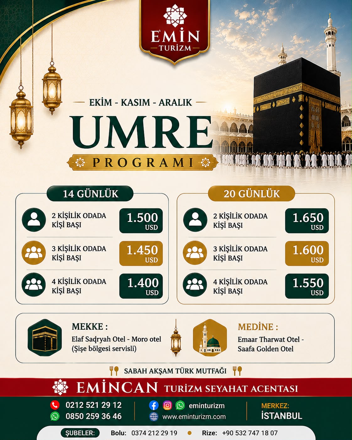 Ekim-Kasım-Aralık SERVİSLİ Umre Proğramı
